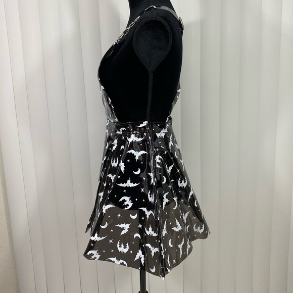 TRICKZ N TREATZ Bat My Lashes Print PVC Vinyl Mini Dress Bat Crescent Moon Black - Picture 2 of 14